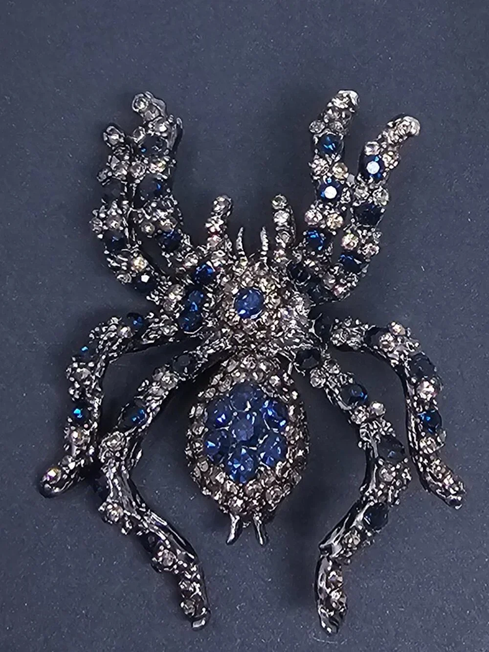Large Spider Brooch Pendant Sapphire-Blue Rhinestones